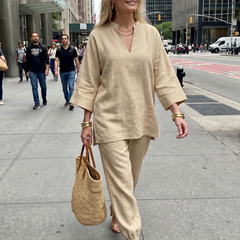 Burgundy Georgiana V-neck tunic and gathered trouser set by THE WHITMORE FAMILY, stylish and comfortable women's clothing ensemble.