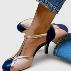 Caramel-colored Tazariah comfortable heels by THE WHITMORE FAMILY featuring sleek design and cushioned sole for everyday wear.