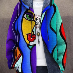 Luxurious Cormac Artistic Hooded Cardigan by THE WHITMORE FAMILY, featuring intricate art-inspired design and cozy hood.