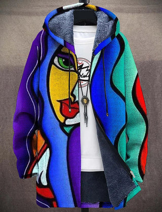 Luxurious Cormac Artistic Hooded Cardigan by THE WHITMORE FAMILY, featuring intricate art-inspired design and cozy hood.