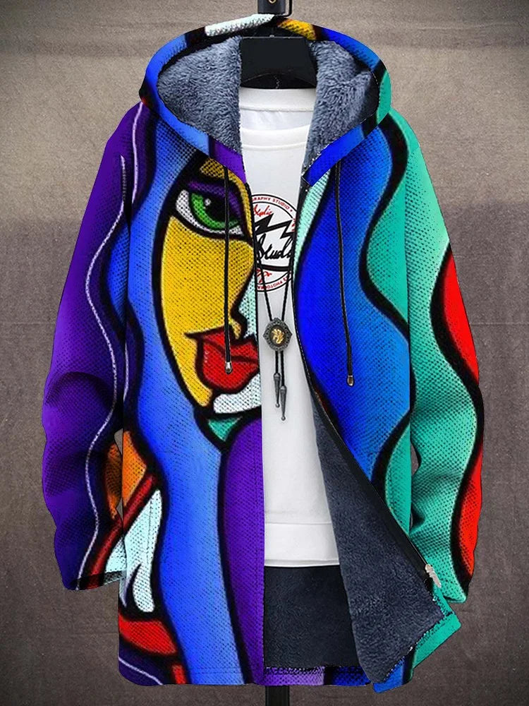 Luxurious Cormac Artistic Hooded Cardigan by THE WHITMORE FAMILY, featuring intricate art-inspired design and cozy hood.