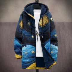 Luxurious Fletcher artistic hooded cardigan by THE WHITMORE FAMILY, featuring vibrant, art-inspired design and cozy fabric.