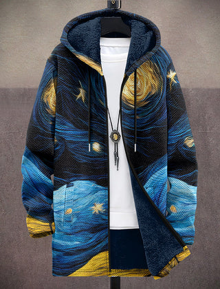 Luxurious Fletcher artistic hooded cardigan by THE WHITMORE FAMILY, featuring vibrant, art-inspired design and cozy fabric.