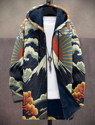 Luxurious Ezra hooded cardigan by THE WHITMORE FAMILY, featuring art-inspired design and soft, comfortable fabric in a stylish silhouette.