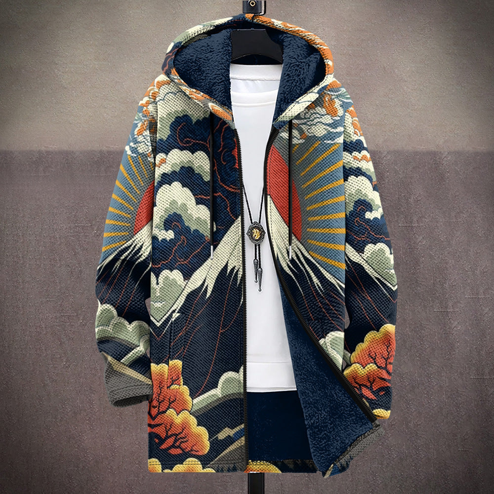 Luxurious Ezra hooded cardigan by THE WHITMORE FAMILY, featuring art-inspired design and soft, comfortable fabric in a stylish silhouette.