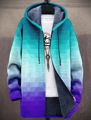 Luxurious Yindi artisan hooded cardigan by THE WHITMORE FAMILY featuring intricate art-inspired knit patterns and a cozy hood.