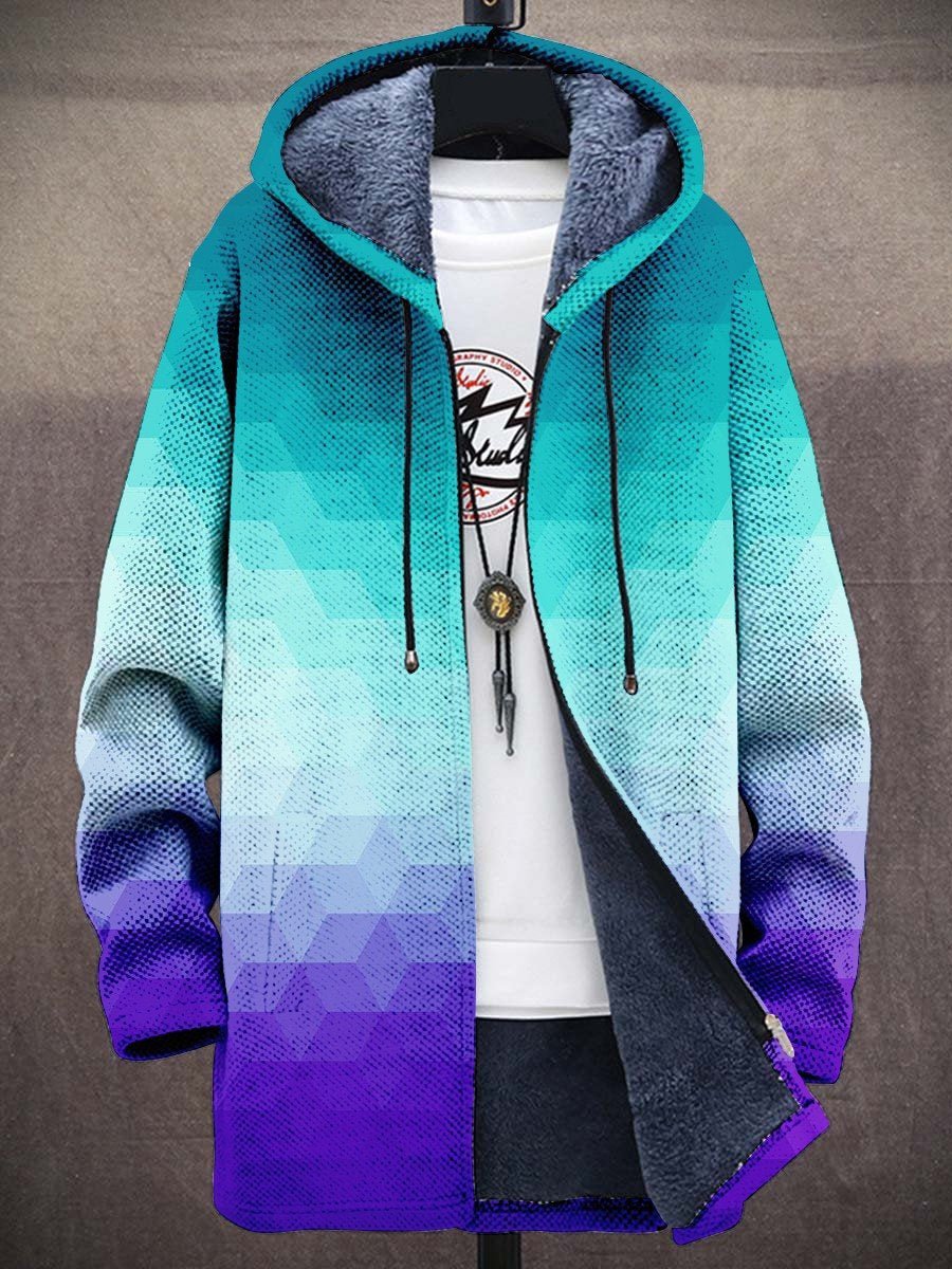 Luxurious Yindi artisan hooded cardigan by THE WHITMORE FAMILY featuring intricate art-inspired knit patterns and a cozy hood.