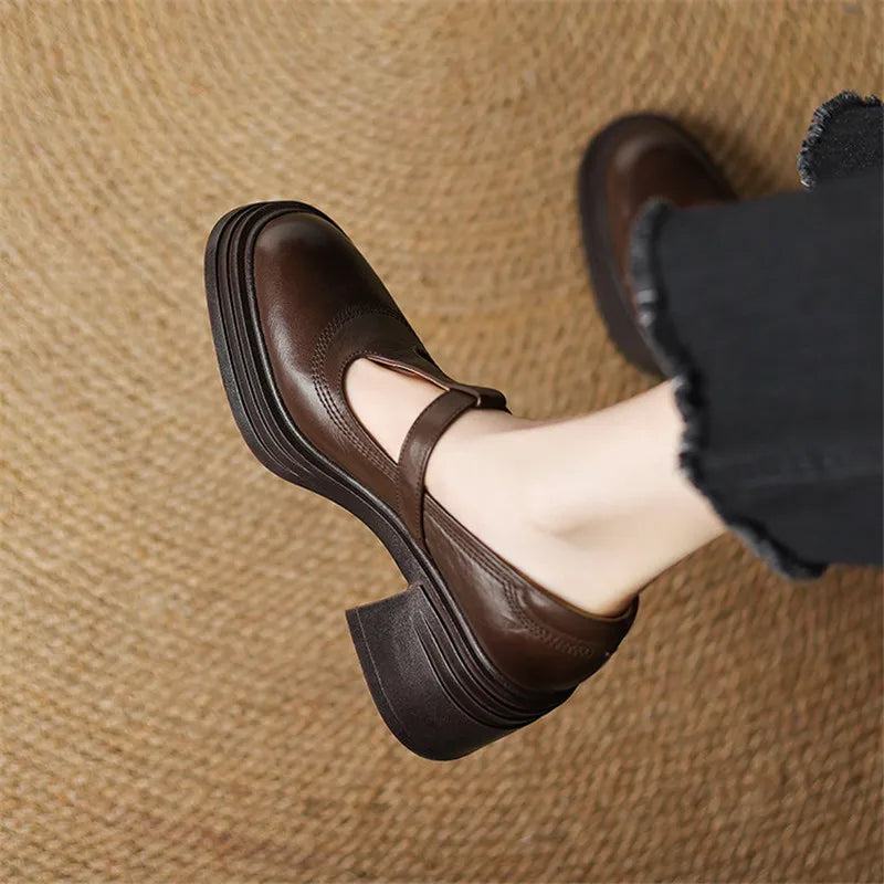 Red Barbara chunky pumps Mary Janes by THE WHITMORE FAMILY with rounded toes and stylish ankle straps.