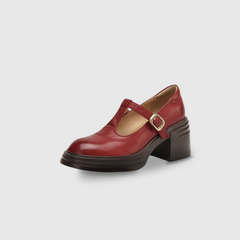 Red Barbara Chunky Pumps Mary Janes by THE WHITMORE FAMILY, stylish leather shoes with chunky heel and classic Mary Jane strap.