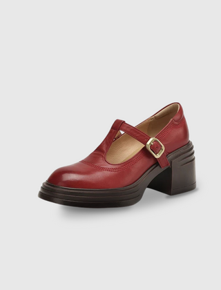 Red Barbara Chunky Pumps Mary Janes by THE WHITMORE FAMILY, stylish leather shoes with chunky heel and classic Mary Jane strap.