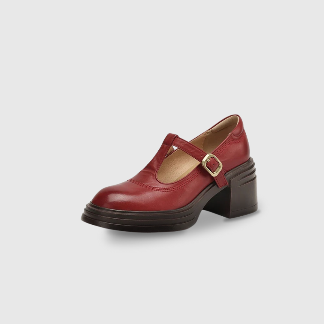 Red Barbara Chunky Pumps Mary Janes by THE WHITMORE FAMILY, stylish leather shoes with chunky heel and classic Mary Jane strap.