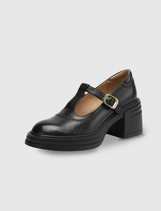 Red Barbara Chunky Pumps Mary Janes by THE WHITMORE FAMILY, showcasing stylish, rounded toe design and chunky heel.