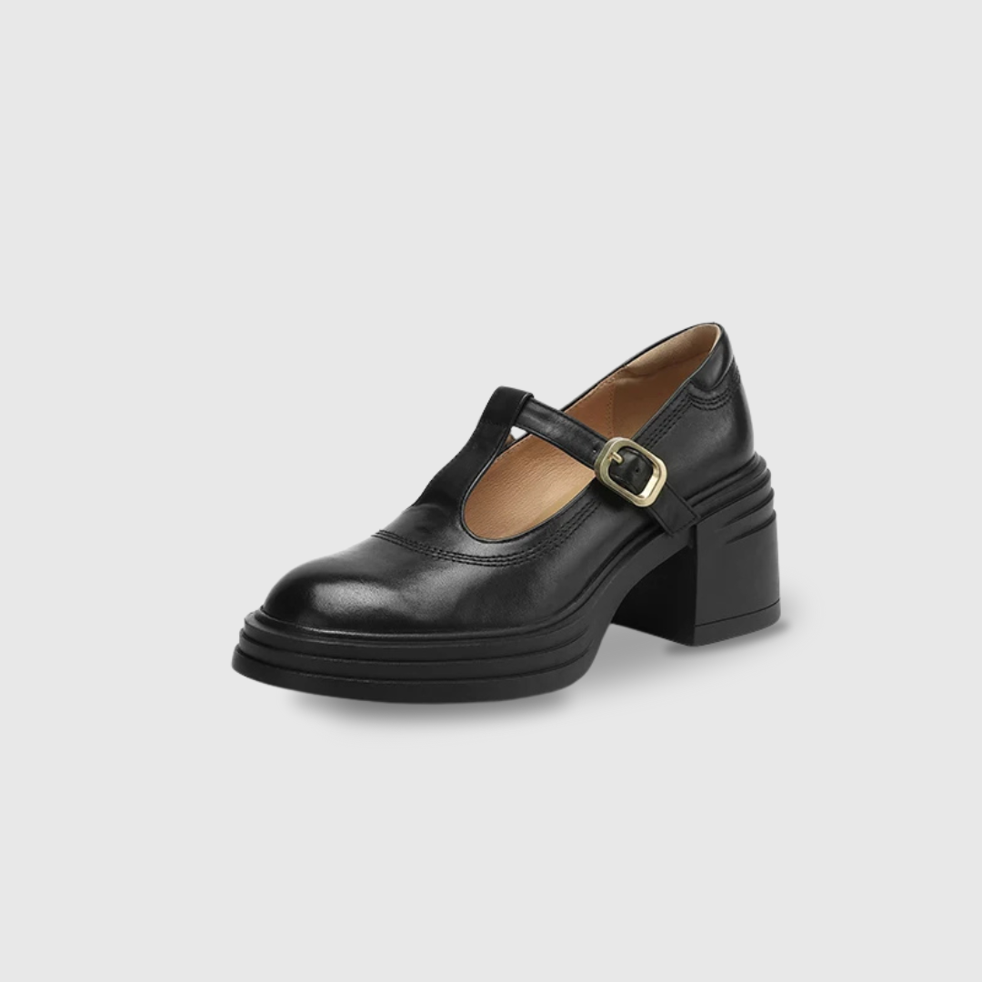 Red Barbara Chunky Pumps Mary Janes by THE WHITMORE FAMILY, showcasing stylish, rounded toe design and chunky heel.