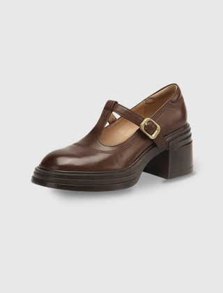 Red Barbara Chunky Pumps Mary Janes by THE WHITMORE FAMILY, stylish leather shoes with a chunky heel and classic design.