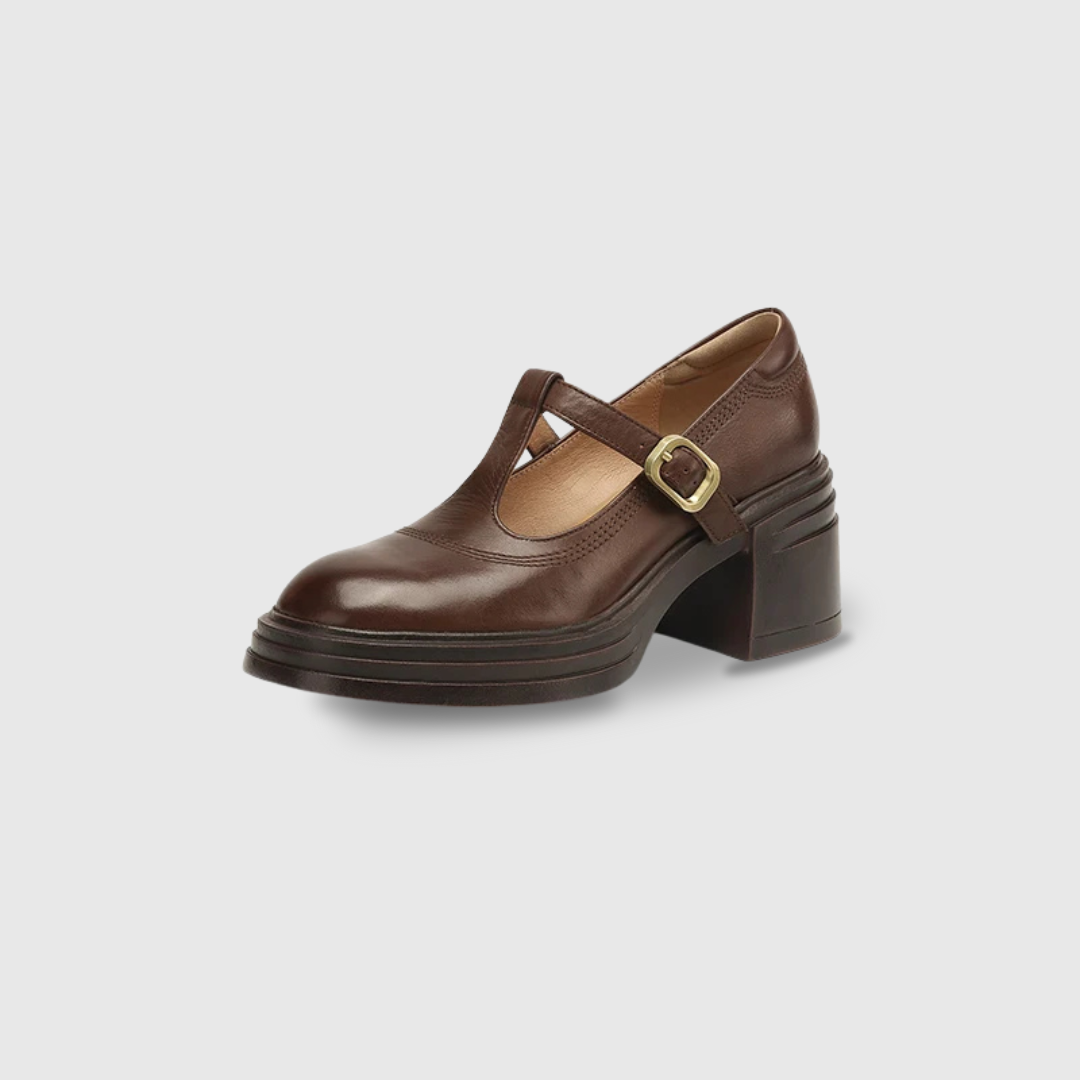 Red Barbara Chunky Pumps Mary Janes by THE WHITMORE FAMILY, stylish leather shoes with a chunky heel and classic design.