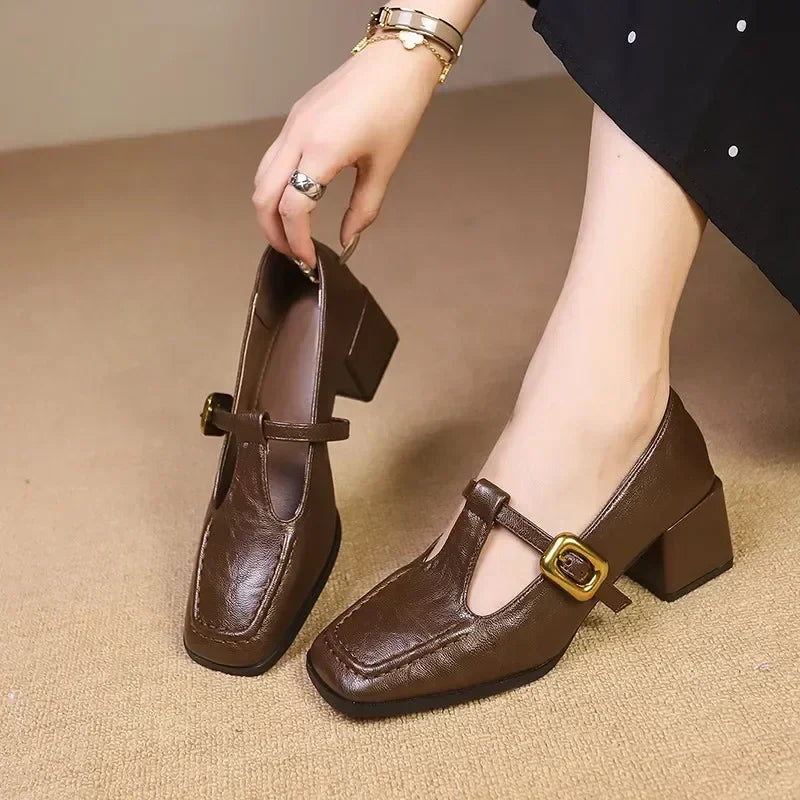 Brown Dorvanna French Mary Janes by THE WHITMORE FAMILY, size 5, featuring classic straps and polished leather finish.
