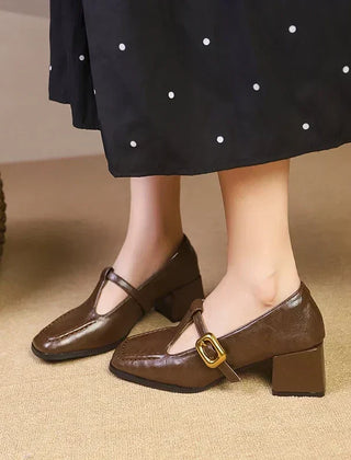 Brown Dorvanna French Mary Janes by THE WHITMORE FAMILY, size 5, with classic rounded toe and strap detail.