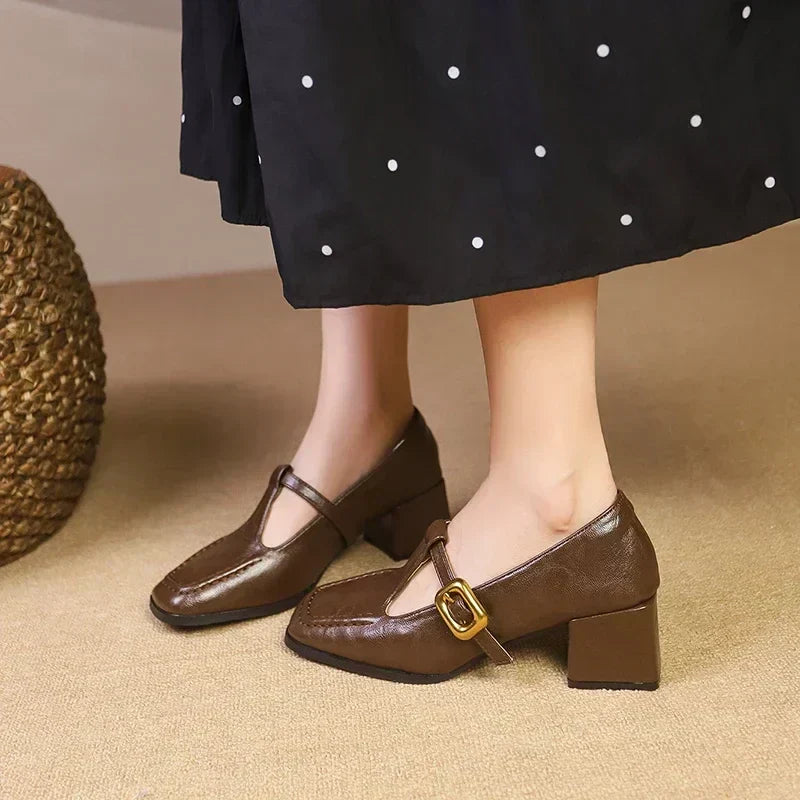 Brown Dorvanna French Mary Janes by THE WHITMORE FAMILY, size 5, with classic rounded toe and strap detail.