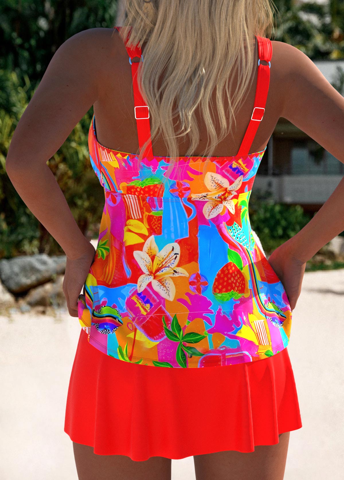 Eleanor™ Chic Floral Tankini Swimdress by THE WHITMORE FAMILY with coral floral pattern and tankini style for women.