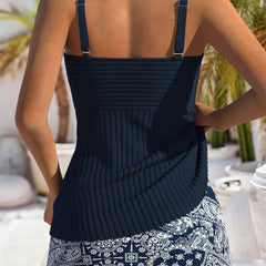 Cyan Tessa™ stylish ruched tankini swim set by THE WHITMORE FAMILY, featuring a fitted tankini top with ruched detailing and matching swim bottoms.