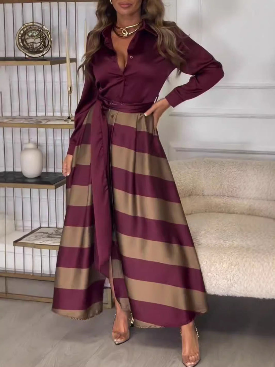 Burgundy striped Diana maxi dress for women by THE WHITMORE FAMILY, flowing long dress with bold stripe pattern and relaxed fit.