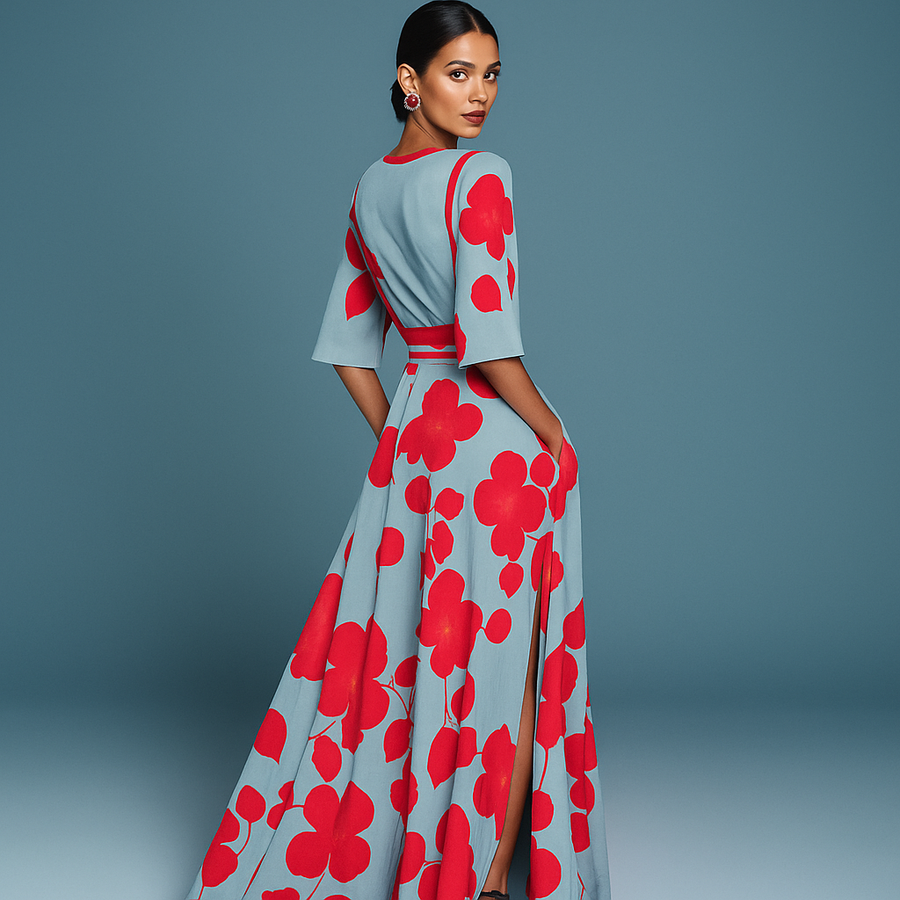 Red Barbara elegant flower dress for women by THE WHITMORE FAMILY, stylish damesjurken with floral pattern and feminine design.