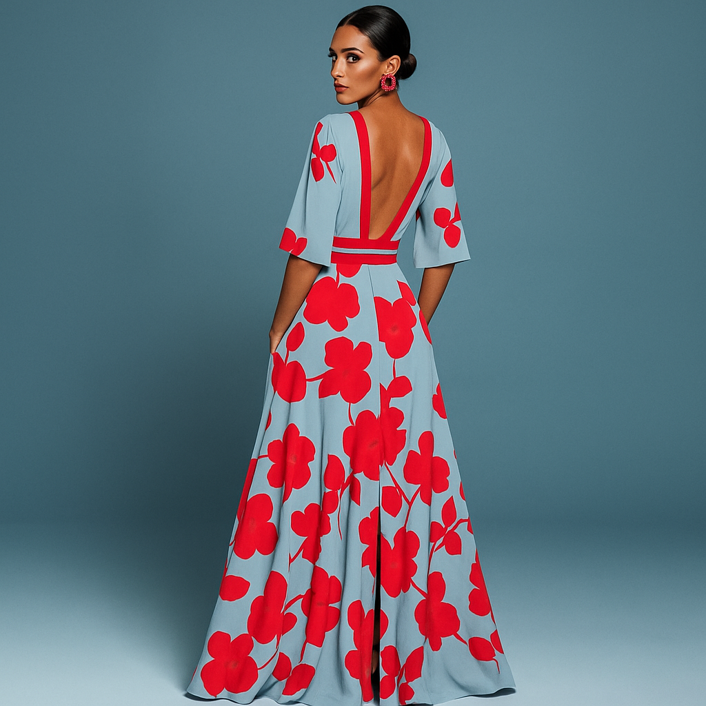 Red Barbara elegant flower dress for women by THE WHITMORE FAMILY, featuring a stylish and feminine design.