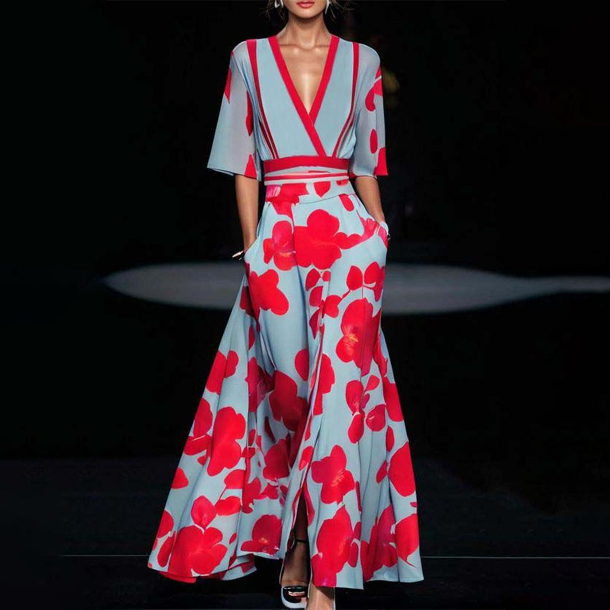 Red Barbara elegant flower dress for women by THE WHITMORE FAMILY, featuring a stylish and feminine design.