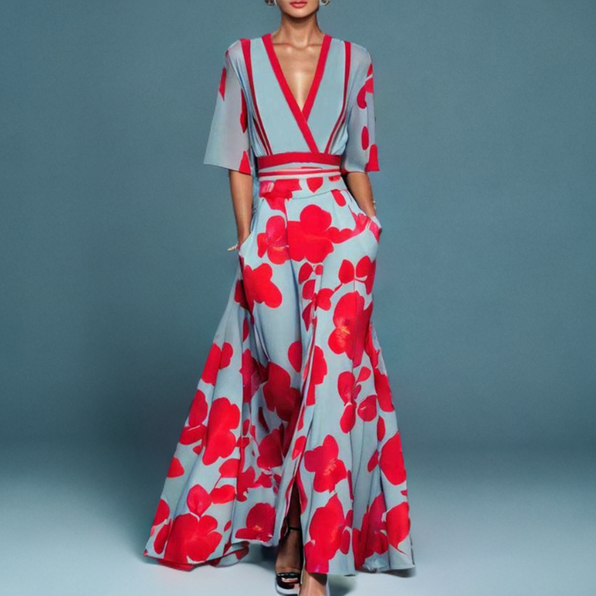 Red Barbara elegant flower dress for women by THE WHITMORE FAMILY, featuring a stylish floral pattern and feminine silhouette.
