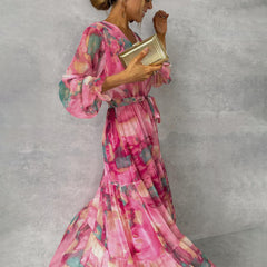 Red and pink floral print summer wrap dress for women by THE WHITMORE FAMILY, featuring a stylish and comfortable design.