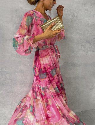Red and pink floral print summer wrap dress for women by THE WHITMORE FAMILY, featuring a stylish and comfortable design.