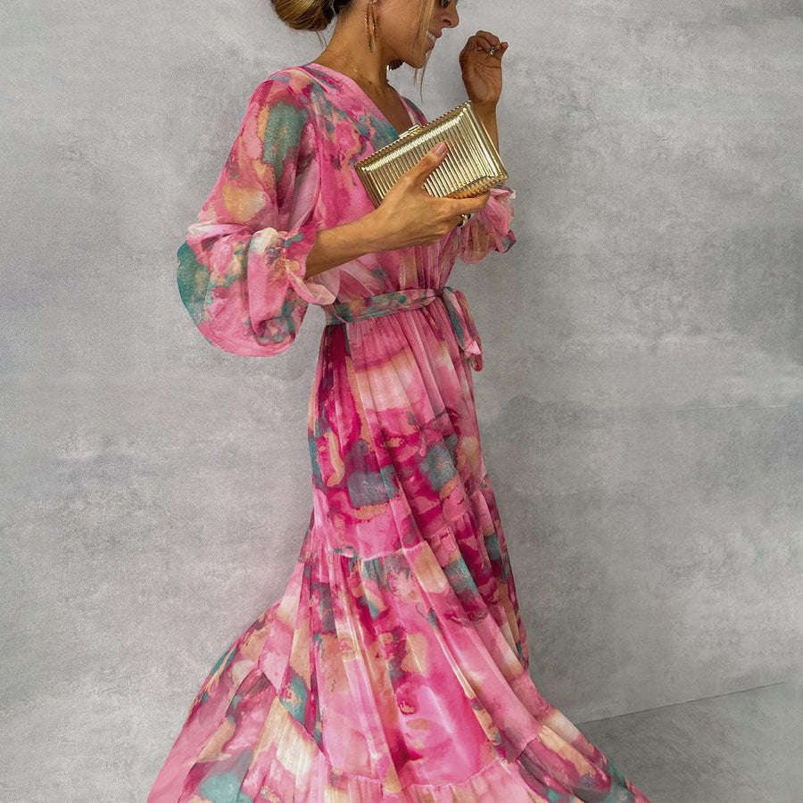 Red and pink floral print summer wrap dress for women by THE WHITMORE FAMILY, featuring a stylish and comfortable design.