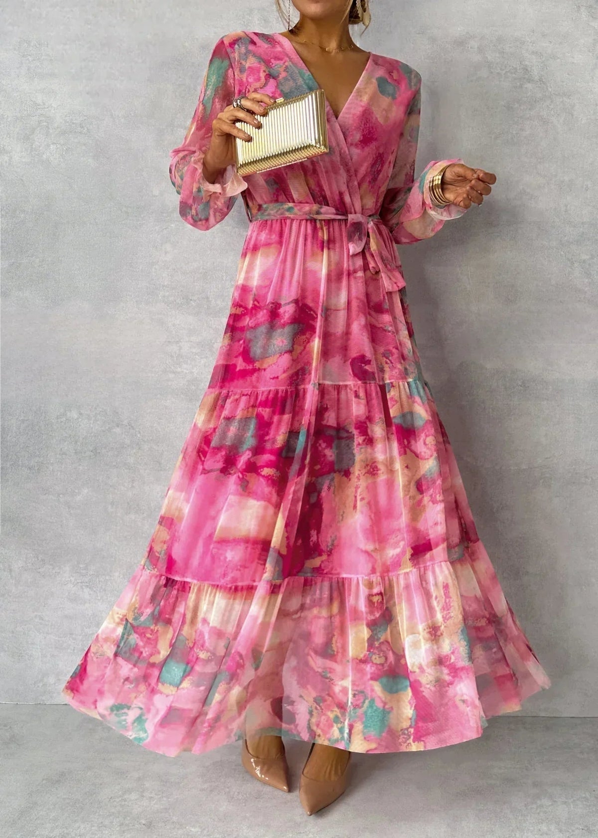 Red and pink floral print summer wrap dress for women by THE WHITMORE FAMILY, featuring a stylish, feminine design.