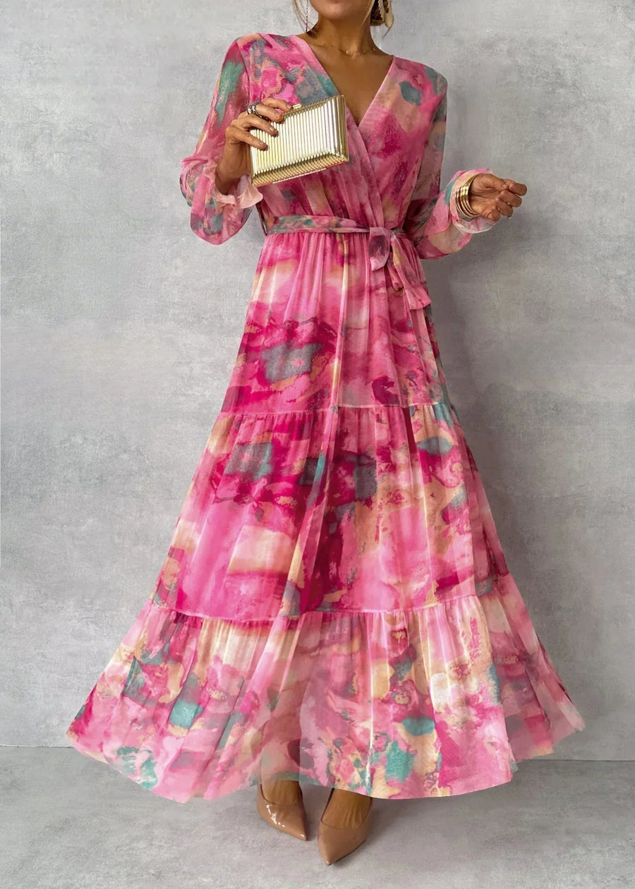 Red and pink floral print summer wrap dress for women by THE WHITMORE FAMILY, featuring a stylish, feminine design.