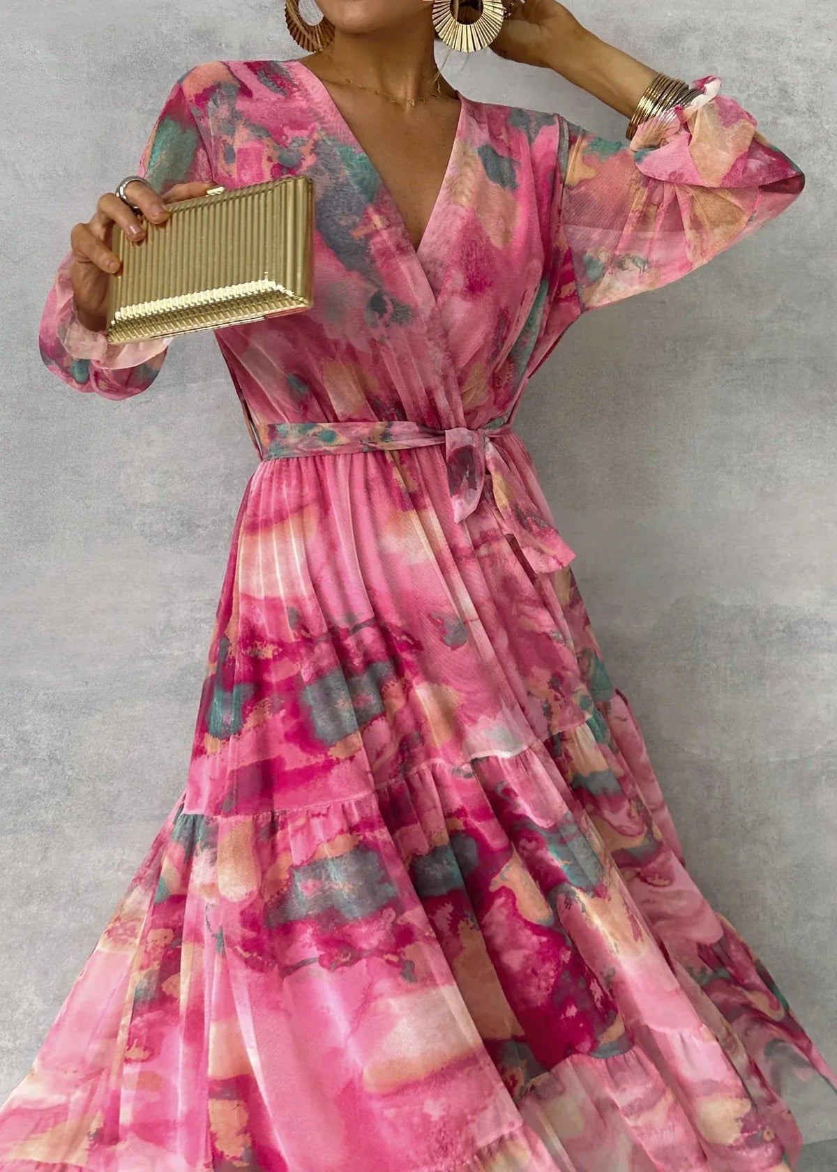 Red and pink floral print summer wrap dress for women by THE WHITMORE FAMILY, featuring a stylish and feminine design.