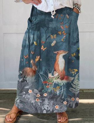 Dark blue Roxy vintage floral animals art print casual pocket skirt by THE WHITMORE FAMILY, featuring a comfortable, stylish design.