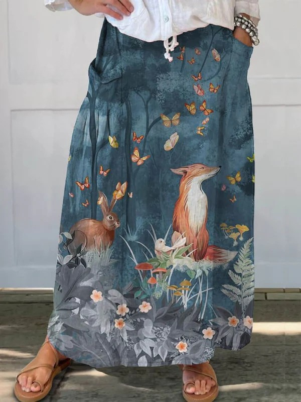 Dark blue Roxy vintage floral animals art print casual pocket skirt by THE WHITMORE FAMILY, featuring a comfortable, stylish design.