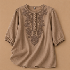 Dark khaki Verena cotton linen blouse by THE WHITMORE FAMILY, featuring a relaxed fit and lightweight fabric.