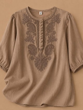 Dark khaki Verena cotton linen blouse by THE WHITMORE FAMILY, featuring a relaxed fit and lightweight fabric.