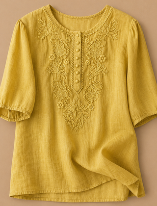 Dark khaki Verena cotton linen blouse by THE WHITMORE FAMILY, featuring a relaxed fit and lightweight, breathable fabric.