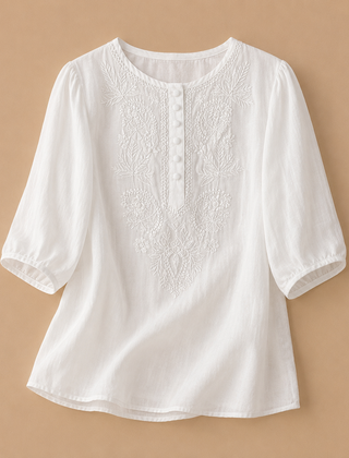 Dark khaki Verena cotton linen blouse by THE WHITMORE FAMILY featuring a relaxed fit and lightweight, breathable fabric.