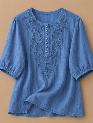 Dark khaki Verena cotton linen blouse by THE WHITMORE FAMILY, featuring a relaxed fit with long sleeves and button front detail.