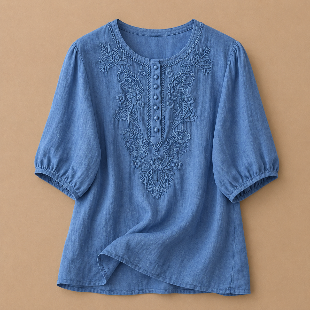 Dark khaki Verena cotton linen blouse by THE WHITMORE FAMILY, featuring a relaxed fit with long sleeves and button front detail.
