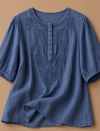 Dark khaki Verena cotton linen blouse by THE WHITMORE FAMILY, shown with a relaxed fit and breathable fabric.