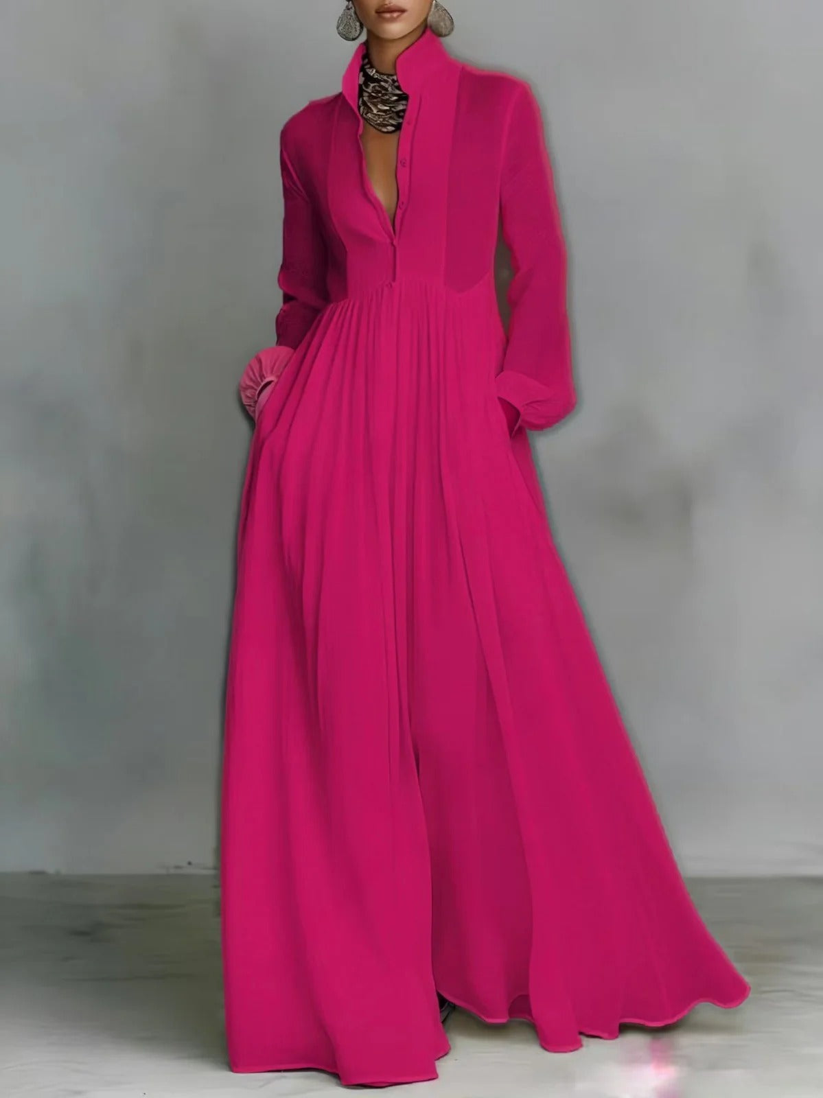 Dark pink Helen flowing button-front maxi dress by THE WHITMORE FAMILY, featuring a relaxed fit and elegant design.