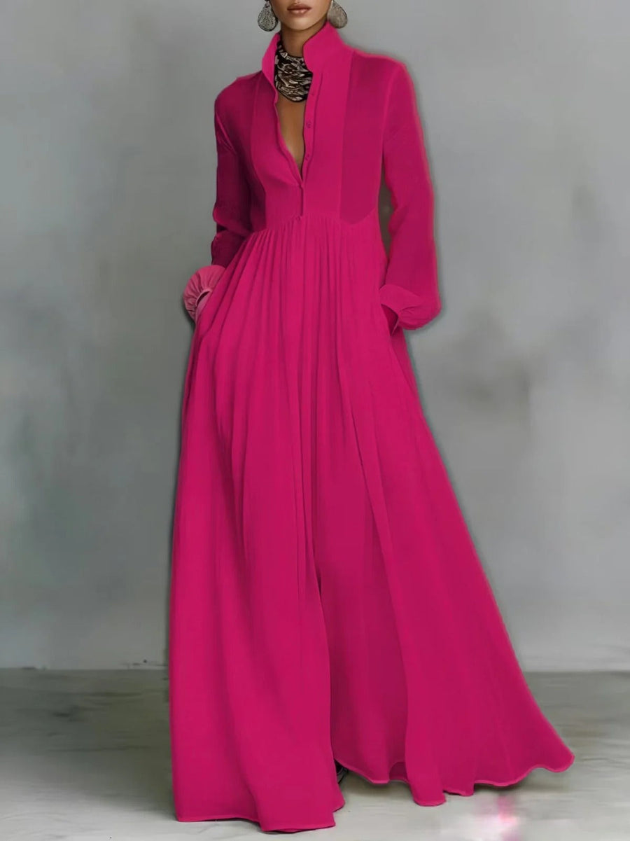 Dark pink Helen flowing button-front maxi dress by THE WHITMORE FAMILY, featuring a relaxed fit and elegant design.