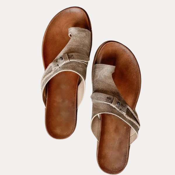 Delia™ orthopedic comfort sandals by THE WHITMORE FAMILY in khaki, featuring supportive design and casual style.