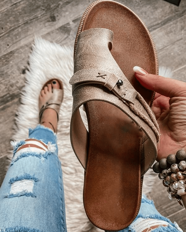 Delia™ orthopedic comfort sandals by THE WHITMORE FAMILY in khaki, featuring cushioned straps and supportive sole for all-day wear.