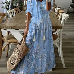 Beige Lana boho maxi dress by THE WHITMORE FAMILY, flowing, figure-flattering design with bohemian style and relaxed fit.