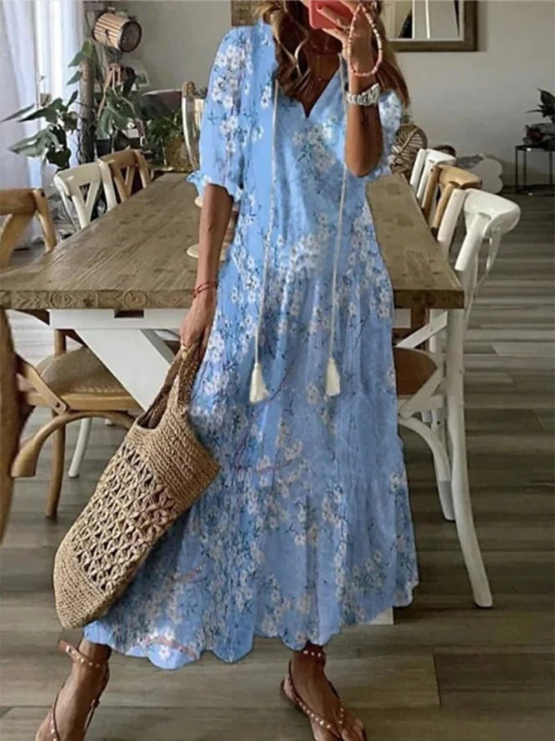 Beige Lana boho maxi dress by THE WHITMORE FAMILY, flowing, figure-flattering design with bohemian style and relaxed fit.